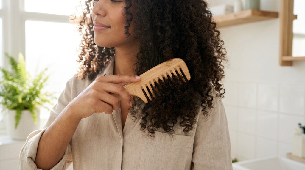 Femme aux cheveux bouclés se coiffant avec un peigne en bois dans une salle de bain lumineuse.