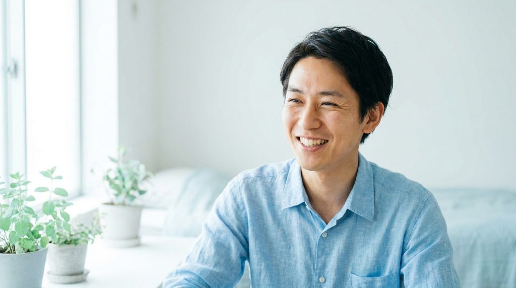 Un jeune homme japonais souriant porte une chemise bleue dans une pièce lumineuse avec des plantes en pot.