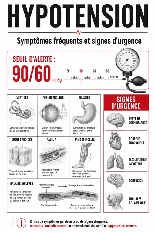 Hypotension symptômes : infographie médicale sur les signes fréquents et les signes d’urgence