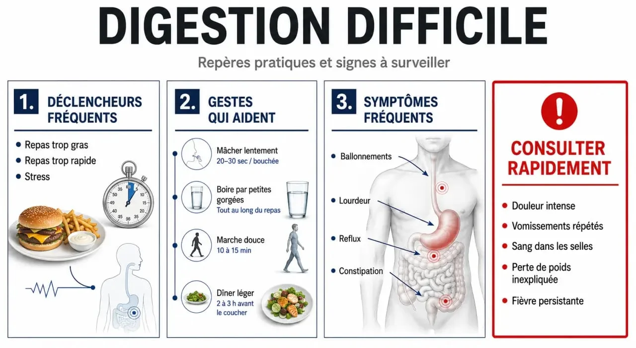 Aide pour la digestion : schéma des déclencheurs, des gestes utiles après le repas et des signes d’alerte