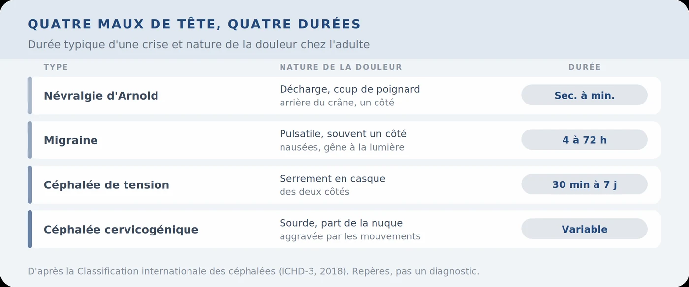 Infographie : durée et type de douleur de la névralgie d'Arnold comparés à la migraine et à la céphalée de tension