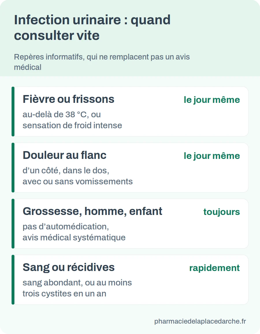 Infographie des signes qui imposent de consulter vite : fièvre ou frissons, douleur au flanc, grossesse, homme ou enfant, sang ou récidives