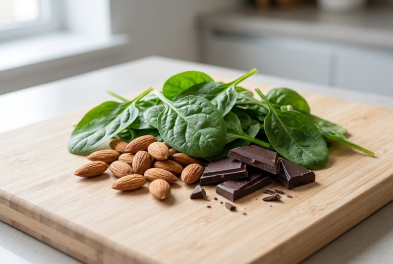 Épinards frais, amandes et carrés de chocolat noir disposés sur une planche à découper en bois dans une cuisine.